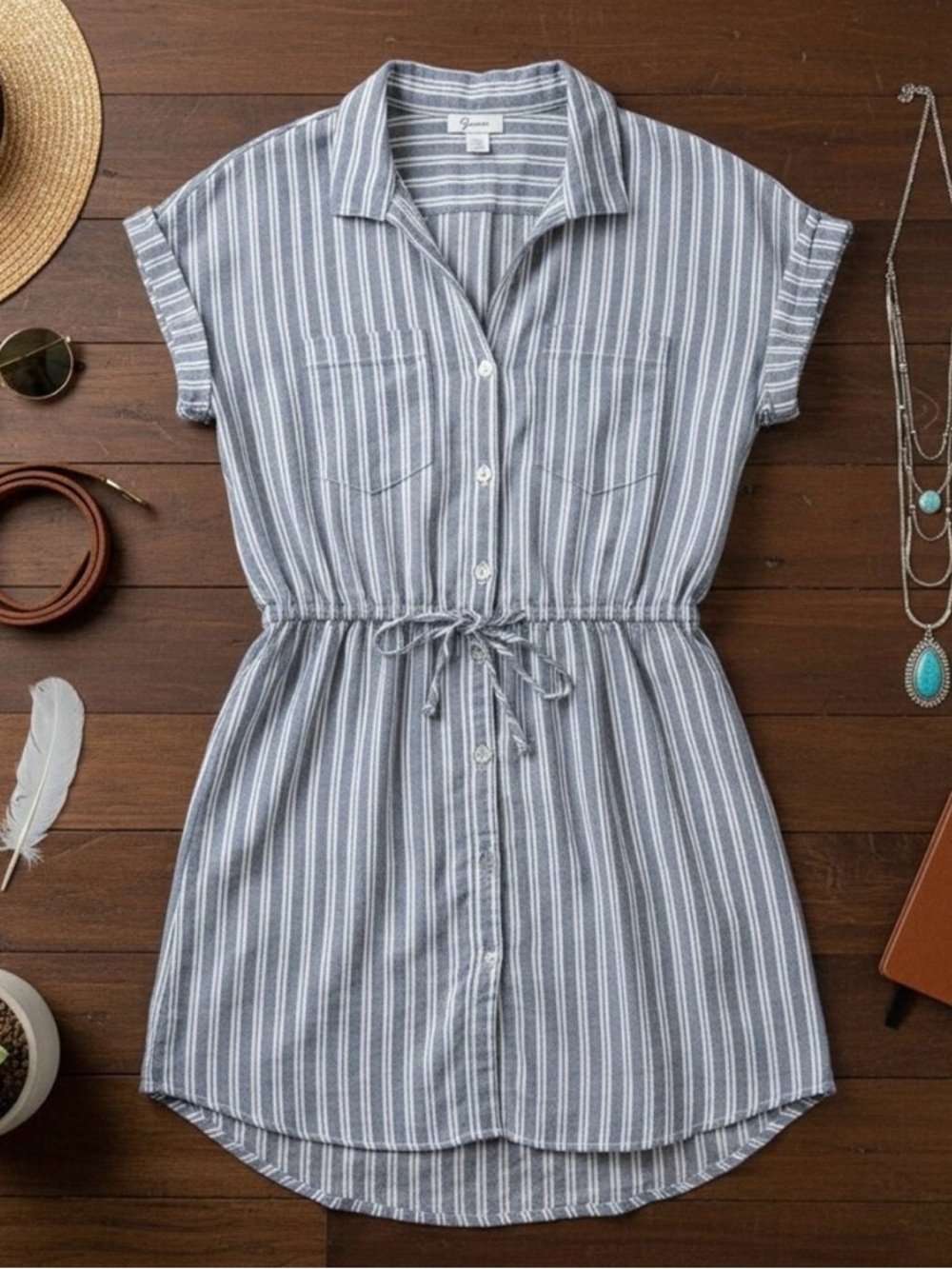 Japna Striped 100% Cotton NEW Button Up Mini Shirt Dress Pockets Collared Size S